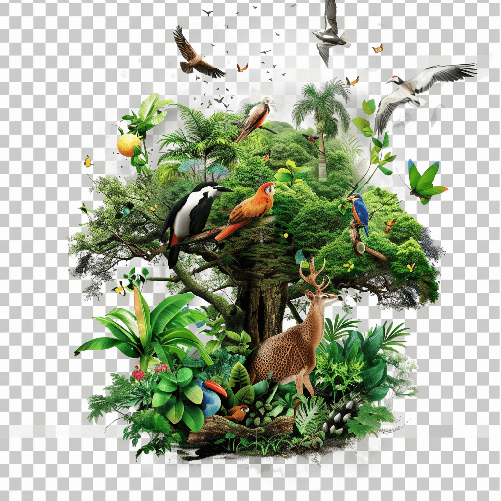 3D realistic jungle tree with birds, deer and parrots around the tree on a transparent background, PNG clipart, PNG cutout in the style of nature.