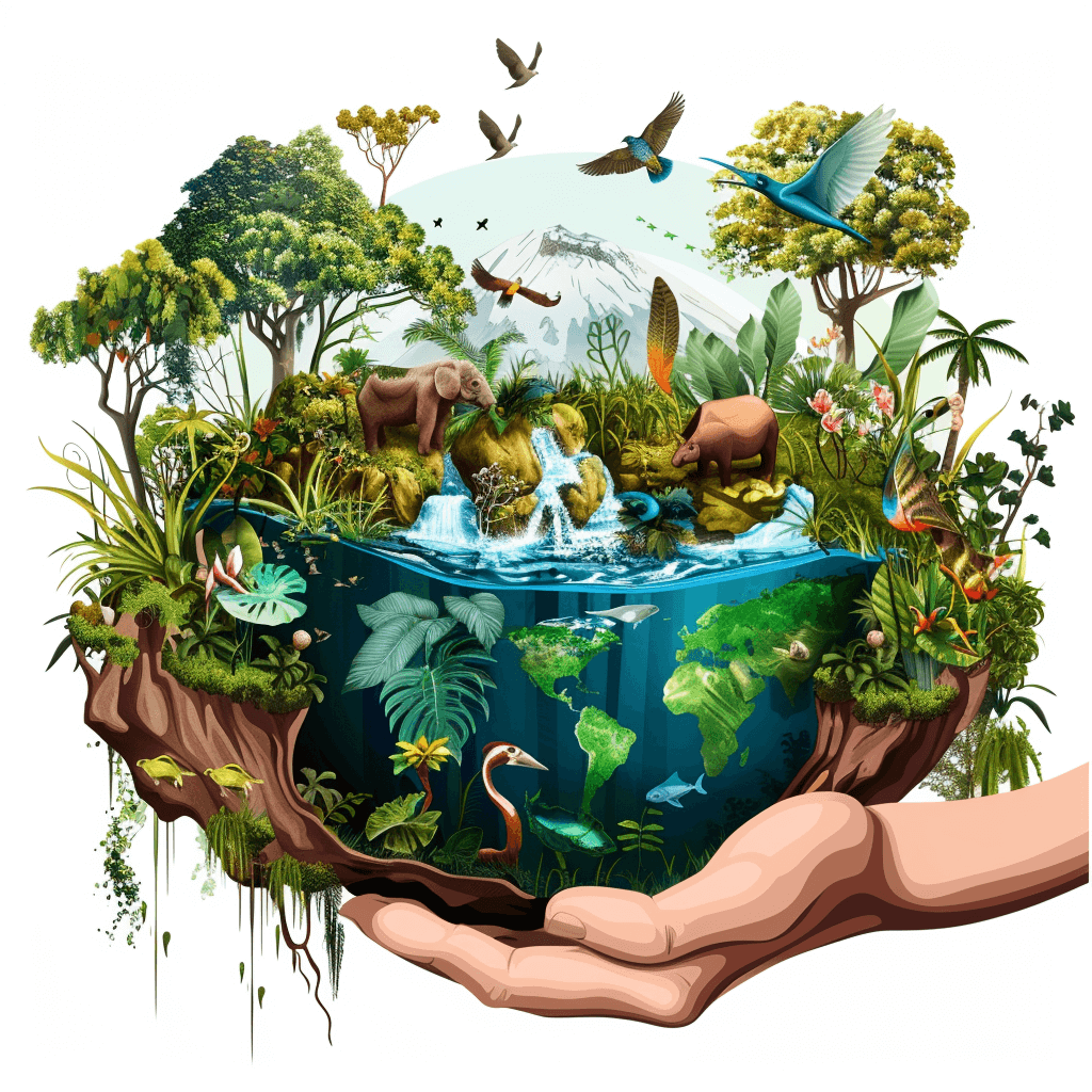 Illustration of the world in a hand, with a forest and jungle containing animals on the surface and a water body inside, against a white background, in the 3D cartoon style.