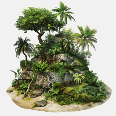 isometric jungle island, with trees and vegetation, isolated white background, photorealistic, hyperrealism, octane render, hyper detailed, cinematic look, volumetric light, hyper realistic