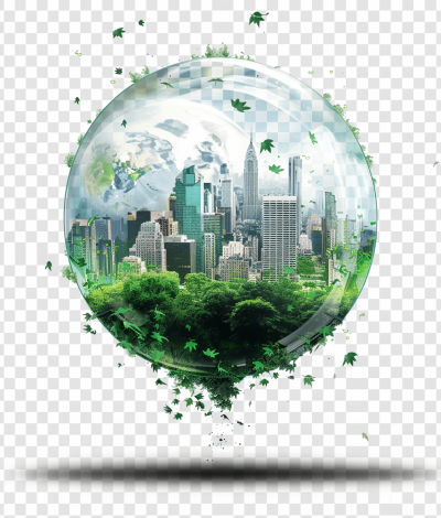 Safeguarded Green City inside a transparent bubble, with a white background PNG file featuring city buildings and greenery, a transparent ball PNG file of an airborne city, a PNG file of an urban environment with buildings and vegetation, a ball-shaped world made up of skyscrapers and park areas with leaves flying around in the style of a vector ball, a city design PNG file, a transparent spherical PNG, a transparent white ball