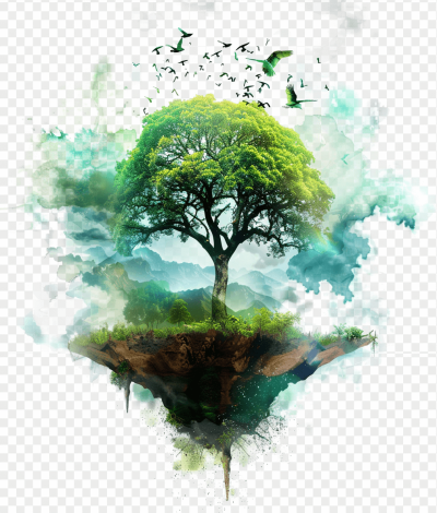 Surrealistic style, green tree on flying island surrounded by white clouds and birds in the sky, with green leaves and soil under it, green plants growing around, green grassland below, watercolor painting effect, white background, transparent background, high definition resolution.