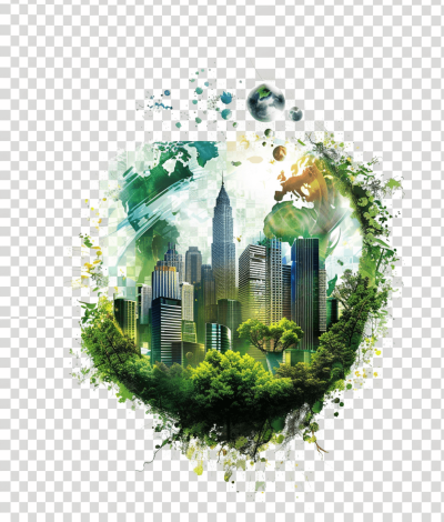 The overall plan of the earth with green city buildings around it in the style of watercolor, transparent background, high resolution, high quality background in png format.