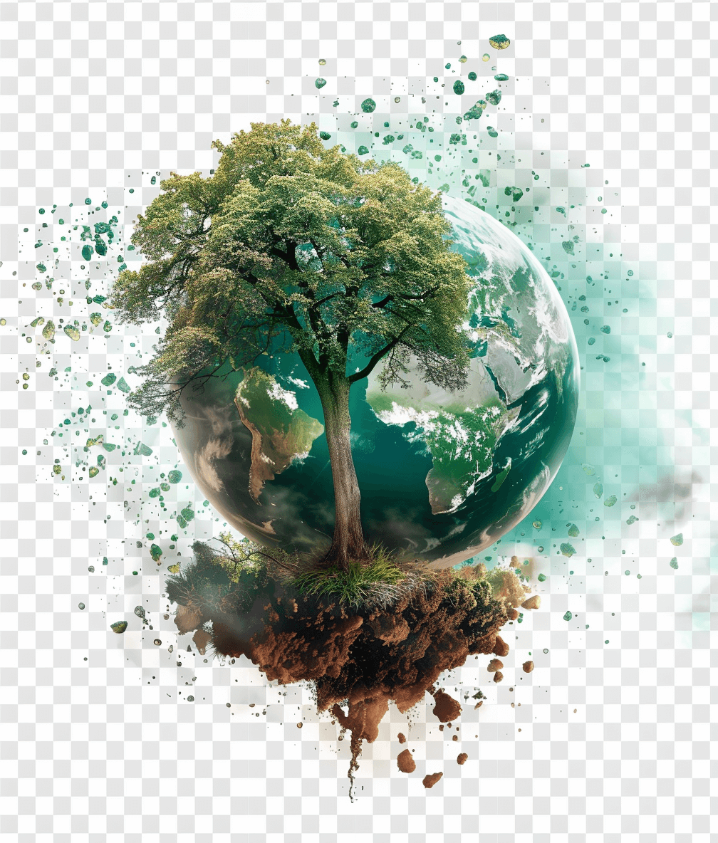 Design an earth with tree on transparent background, watercolor style, green color palette, png element, white and brown colors, high resolution, png file for graphic design elements, png images