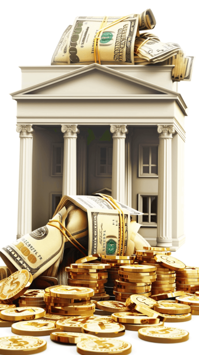 3d bank building with rolledup dollar bills and gold coins on white background, 24k resolution, hyper realistic