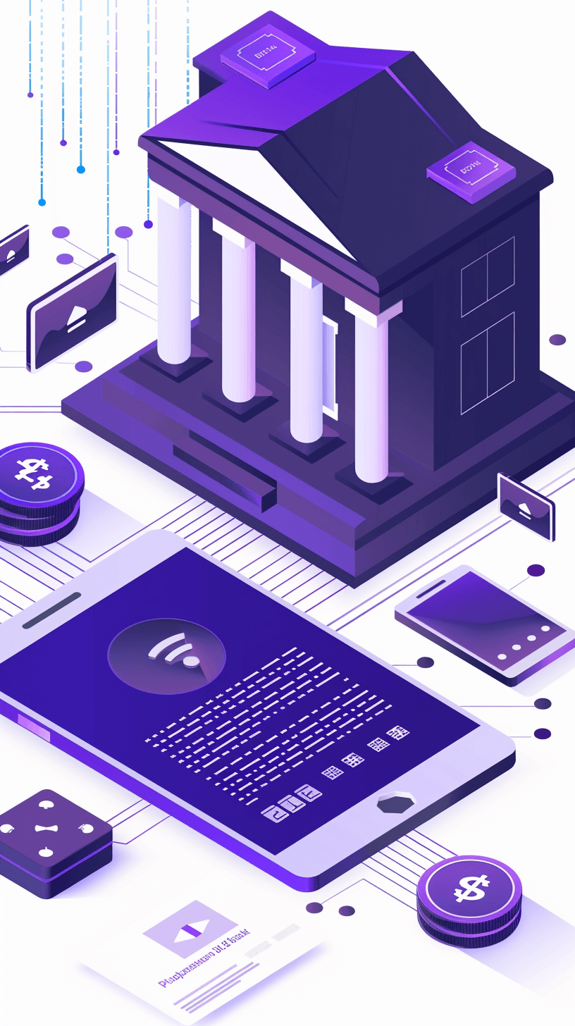 Illustration of a bank building on an iPhone, with digital bills and coins around it, in dark purple shades with a white background, in the modern style, in an isometric view, with web design elements, in digital graphics in vector format, with digital security system symbols, floating color swatches, digital backgrounds, and modern typography. The main colors used for illustrations should be dark violet, light gray, and white.