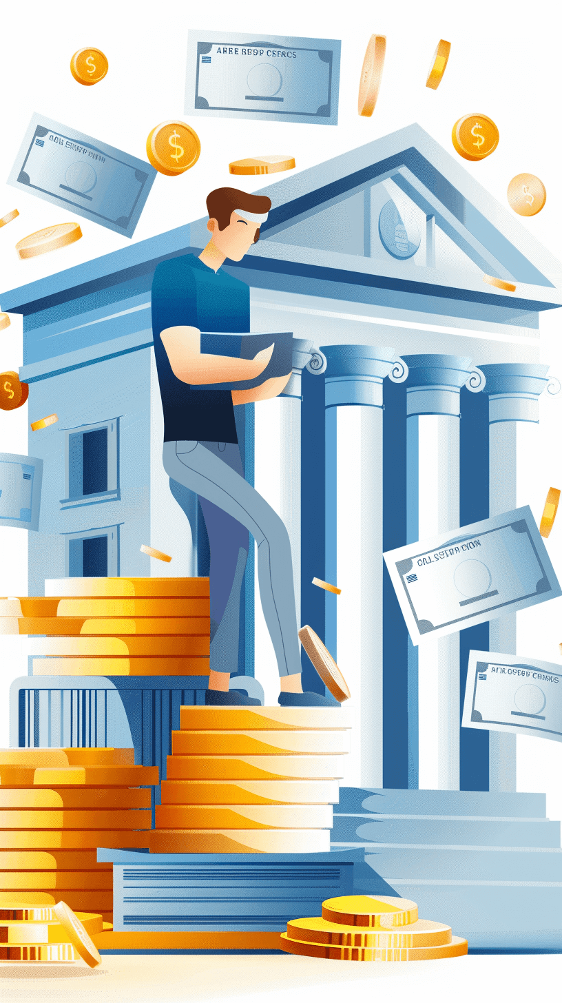 A man is sitting on the steps of a bank building, surrounded by stacks and piles of coins, with bills flying around him. The illustration is in a simple, flat style with blue outlines on a white background. Bright, cheerful colors are used in the simple design. It is vector art with 2D, flat colors and high detail in a hyper realistic style.