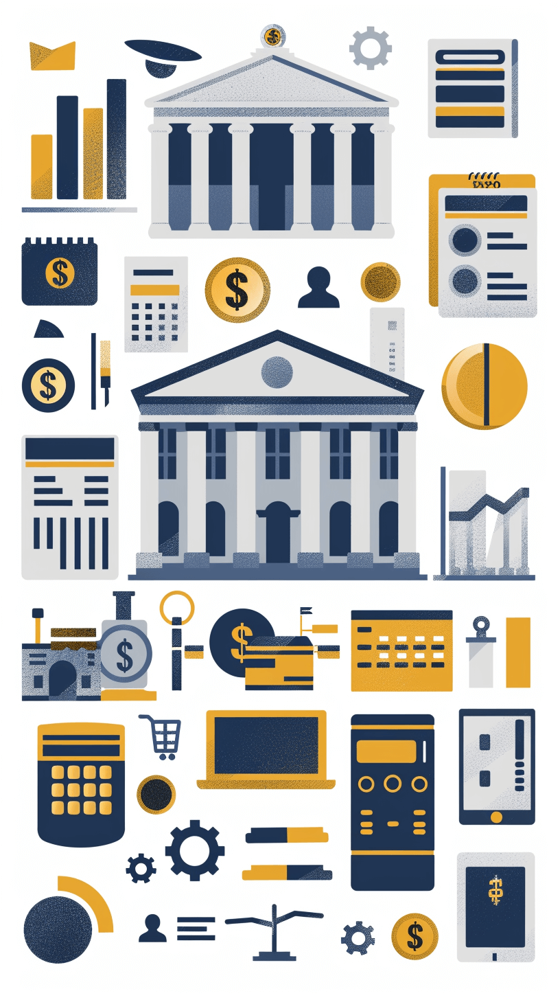 A flat illustration of financial elements, such as bank buildings and charts, icons with dollar signs and office equipment, arranged in a grid layout on a white background. The color scheme includes navy blue for the buildings, yellow for coins or money symbols, grayish blue tones for graphs, gold highlights, and soft shades like light grey or pale cream to create an elegant atmosphere. Clean lines, minimalistic design in the style of modern financial illustrations.