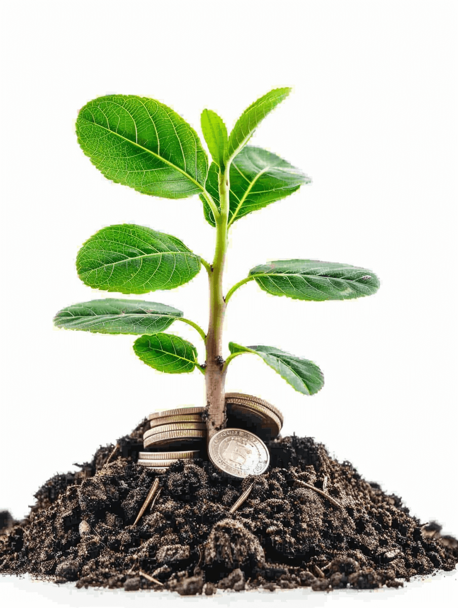 Savvy plant growing on top of the dirt with coins on an isolated white background, in a detailed photo taken in the style of high resolution photography.