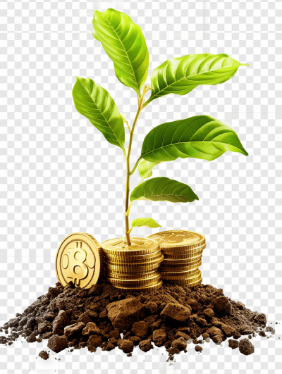 Tereda, a green plant growing on a pile of gold coins, png transparent background PNG file stock photo, in the style of png white isolated background, png cutout, vector, illustration, png cut out, PNG file with no gray shading