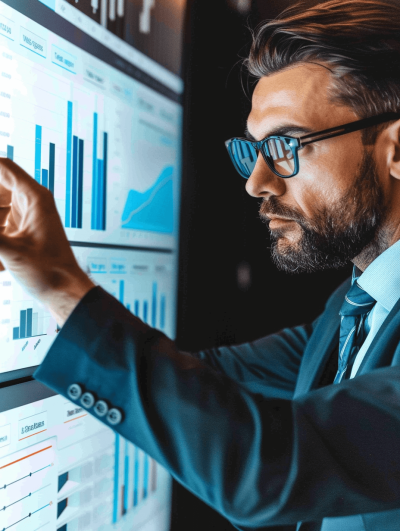 A businessman in glasses is pointing at the screen displaying financial charts, while looking down and standing next to him. The background features black walls, white screens showing graphs of sales data, blue tones, and professional attire. The image is in the style of a focus stacked, high resolution photograph.