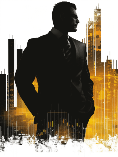 A movie poster featuring an Indian man in a black suit and tie, standing against the backdrop of skyscrapers, with yellow tones. The silhouette is in sharp focus against a white background, creating a dramatic effect. A double exposure technique adds depth to the scene in the style of combining silhouettes of buildings with digital elements representing data points or code. This design creates an atmosphere that reflects modern business life and technology, in an ultra realistic, cinematic style.