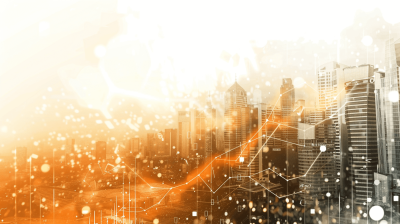 A double exposure of an abstract cityscape with digital graphs and charts, representing the growth in online business.. Soft orange gradient background with white space for text or graphics..