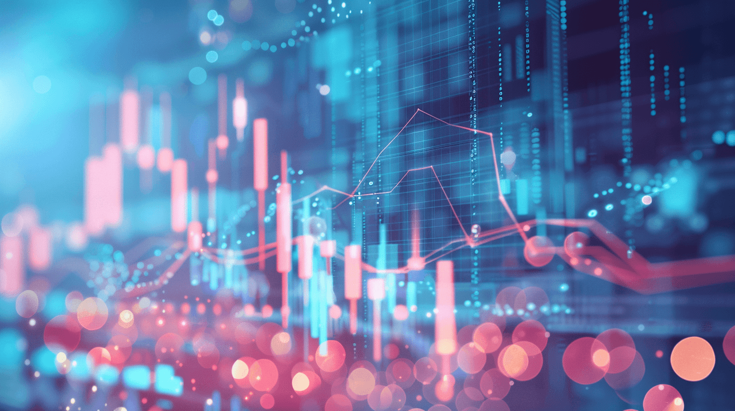 digital stock market chart with glowing lights and charts on a blue background. The concept of business growth, exchange trading or financial innovation is depicted. Abstract blurred illustration. This is an abstract stock photo with bokeh effect that could be used as a 2/3 place for text.