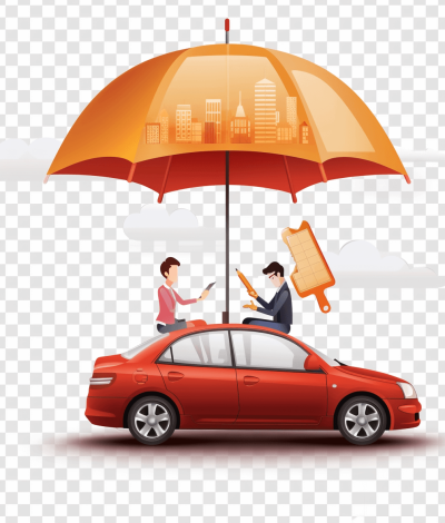 Car insurance advertising, two people sitting on the roof of an orange car holding tools in their hands and looking at city buildings under umbrella isolated transparent background vector illustration png file for print cartoon style 3d