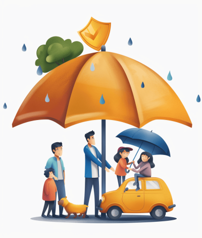 A family of four stands under an umbrella, holding hands and smiling at each other while standing next to their car on the street with raindrops falling down from above. The orange cartoon dog is also seen in between them. A large yellow shield badge hangs on one side of that big umbrella, indicating it's for health insurance protection. The illustration is in the style of a vector illustration with a white background.