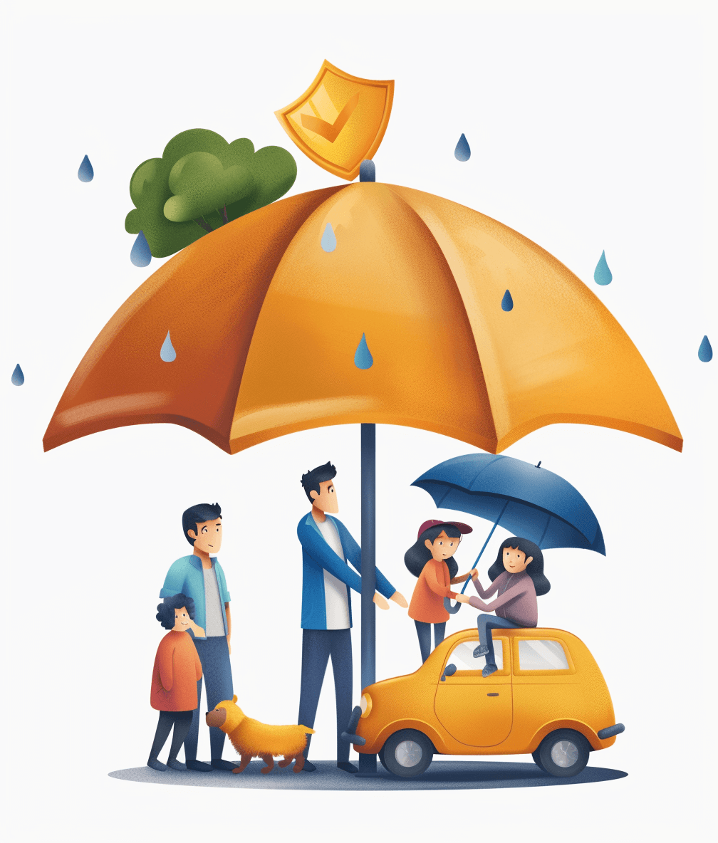 A family of four stands under an umbrella, holding hands and smiling at each other while standing next to their car on the street with raindrops falling down from above. The orange cartoon dog is also seen in between them. A large yellow shield badge hangs on one side of that big umbrella, indicating it’s for health insurance protection. The illustration is in the style of a vector illustration with a white background.