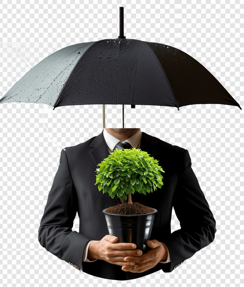 A businessman holding an umbrella over his head, with the plant in front of him as a transparent background PNG file. The man is wearing a black suit and tie, but instead of a face he has a green potted tree on it. He holds a large open dark gray colored umbrella above which there are no raindrops. It seems like that part was used to protect plants from sun rays. This picture creates a strong contrast between a person dressed in a business casual outfit and green nature elements.