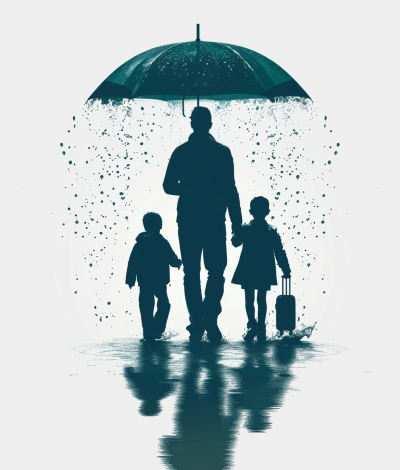 A man holding an umbrella, standing with his children under the rain vector illustration on a white background. The design is minimalistic and suitable for tshirt printing. It features dark green colors against a light grey backdrop. There is no text or any additional elements in front of it. In the style of a silhouette.