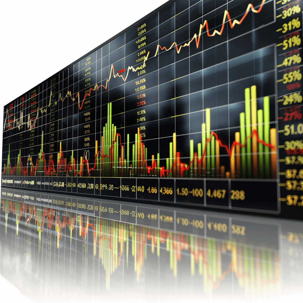 A stock market chart with various graphs and numbers, representing the financial performance of an intersection between finance and technology. The background is white to highlight these charts. High resolution. Rendered in the style of photorealism, of high quality.