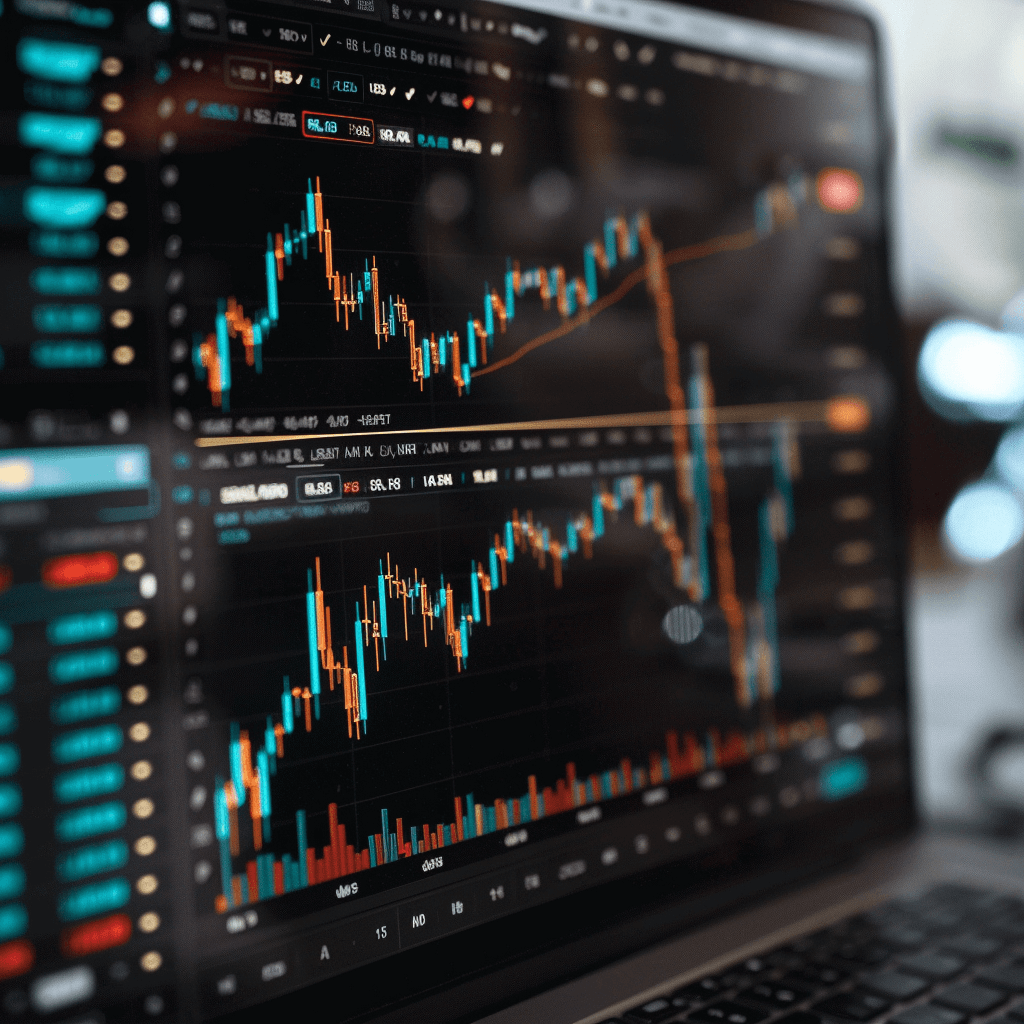 Closeup of the stock market display on a laptop screen, with graphs and charts showing financial data. The focus is on capturing details like a dark background. The image is intended to be a stock photo in a photorealistic style.