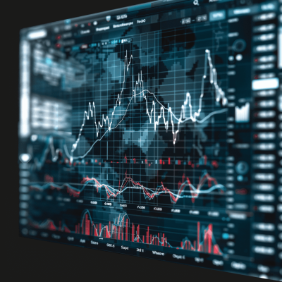 digital screen with stock market charts and graphs, black background, blue tones, hyper realistic, high resolution photography