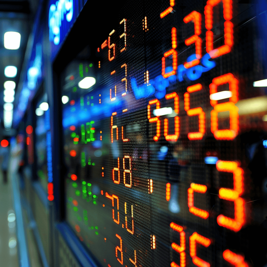 A stock market display board with red and blue numbers, displaying figures of different sales data. The background is blurred to emphasize the text on screen. A closeup shot focuses on details like green or orange colors in some letters, creating an atmosphere reminiscent of financial newspaper illustrations. This scene conveys elements from trading, finance, and business, suitable for visual artwork in the style of financial newspaper illustrations.