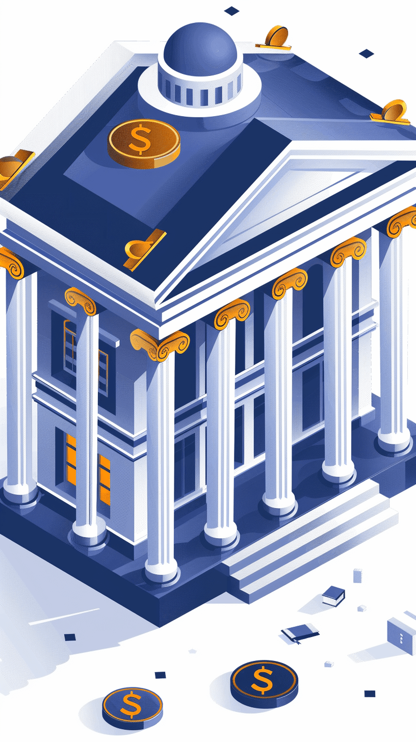 A blue bank building with white columns and gold coins on the roof, in a simple illustration style with an isometric view, in the vector graphic design style, UI illustrations for financial software icons on a white background, in a 2D game art style with pixel perfect details, and in a colorful cartoon style with high resolution and high definition rendered with octane.