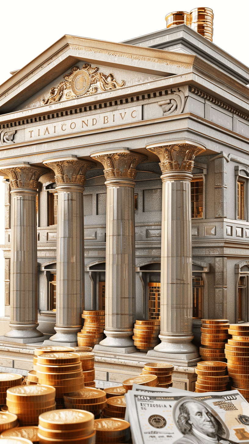 3d realistic model of the front facade of an ancient bank with columns and big windows, in gold color, stack of dollars on ground next to building, dollar bills scattered around , white background, blender render, high resolution photography, hyperrealistic