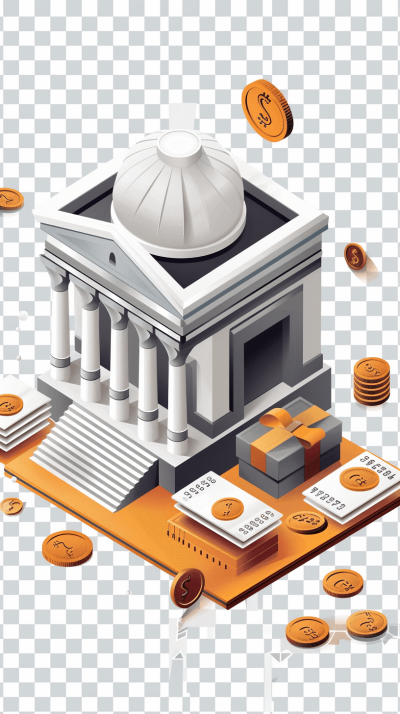 A bank building with stacks of bills and coins around it, transparent background, vector illustration style, simple design, white gray orange color scheme, isometric view, high resolution