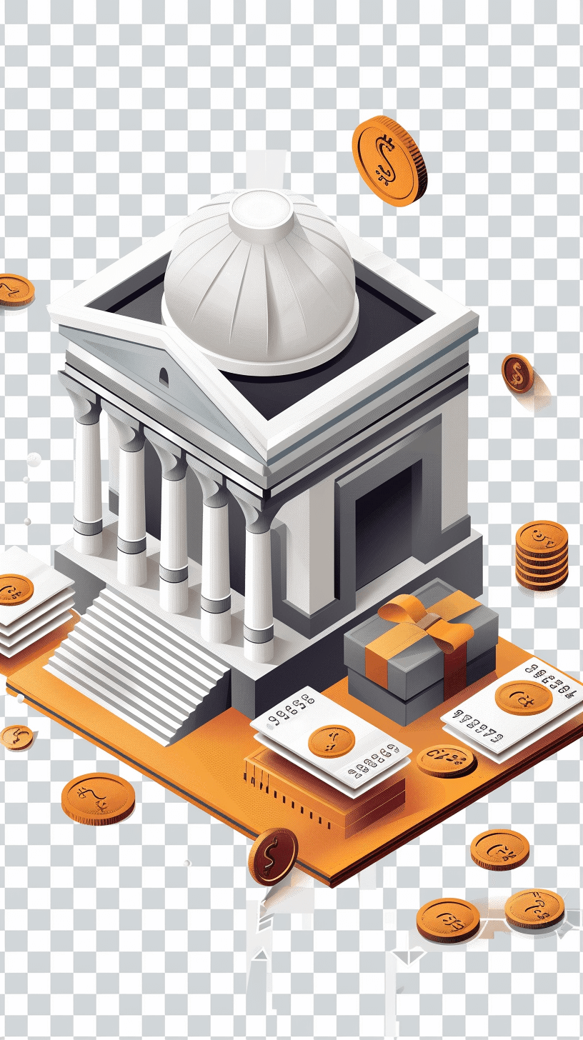 A bank building with stacks of bills and coins around it, transparent background, vector illustration style, simple design, white gray orange color scheme, isometric view, high resolution