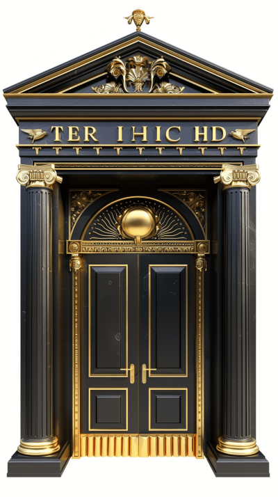 A luxurious black and gold bank door with the text "TERborn HD" on top, in the style of isolated white background.