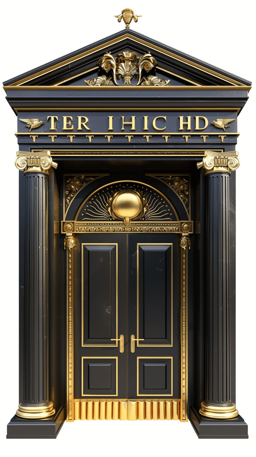 A luxurious black and gold bank door with the text “TERborn HD” on top, in the style of isolated white background.