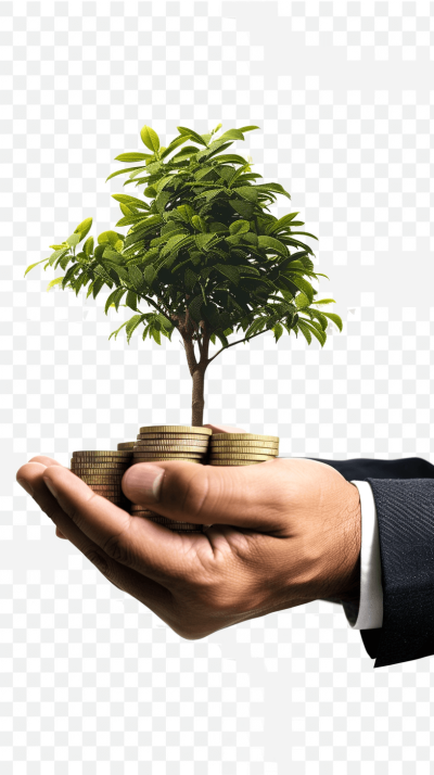 A businessman's hand holding coins in front of a growing tree, with a transparent background. High resolution stock photo in the style of a photography photoshoot.