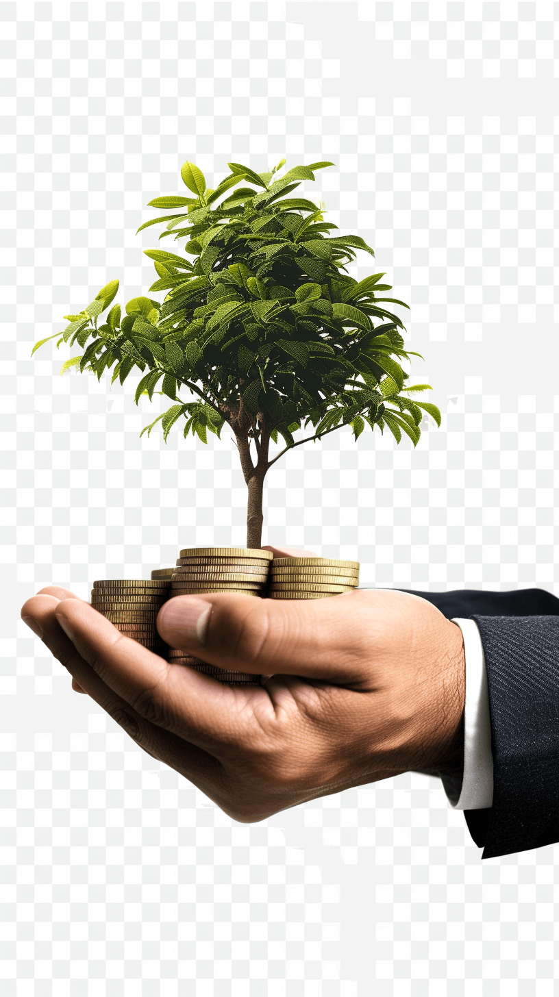 A businessman’s hand holding coins in front of a growing tree, with a transparent background. High resolution stock photo in the style of a photography photoshoot.