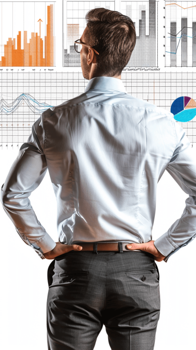 Businessman standing with hands on hips looking at graphs and charts, back view isolated on a white background, detailed illustration in the style of a professional photographer, high resolution photograph, stock photo, sharp focus, studio lighting.