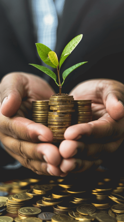 A businessman's hands holding coins with an green plant growing from the center of each stack, symbolizing growth and success in business financial met Poule stock photo contest winner, stockphoto stock photography, award winning