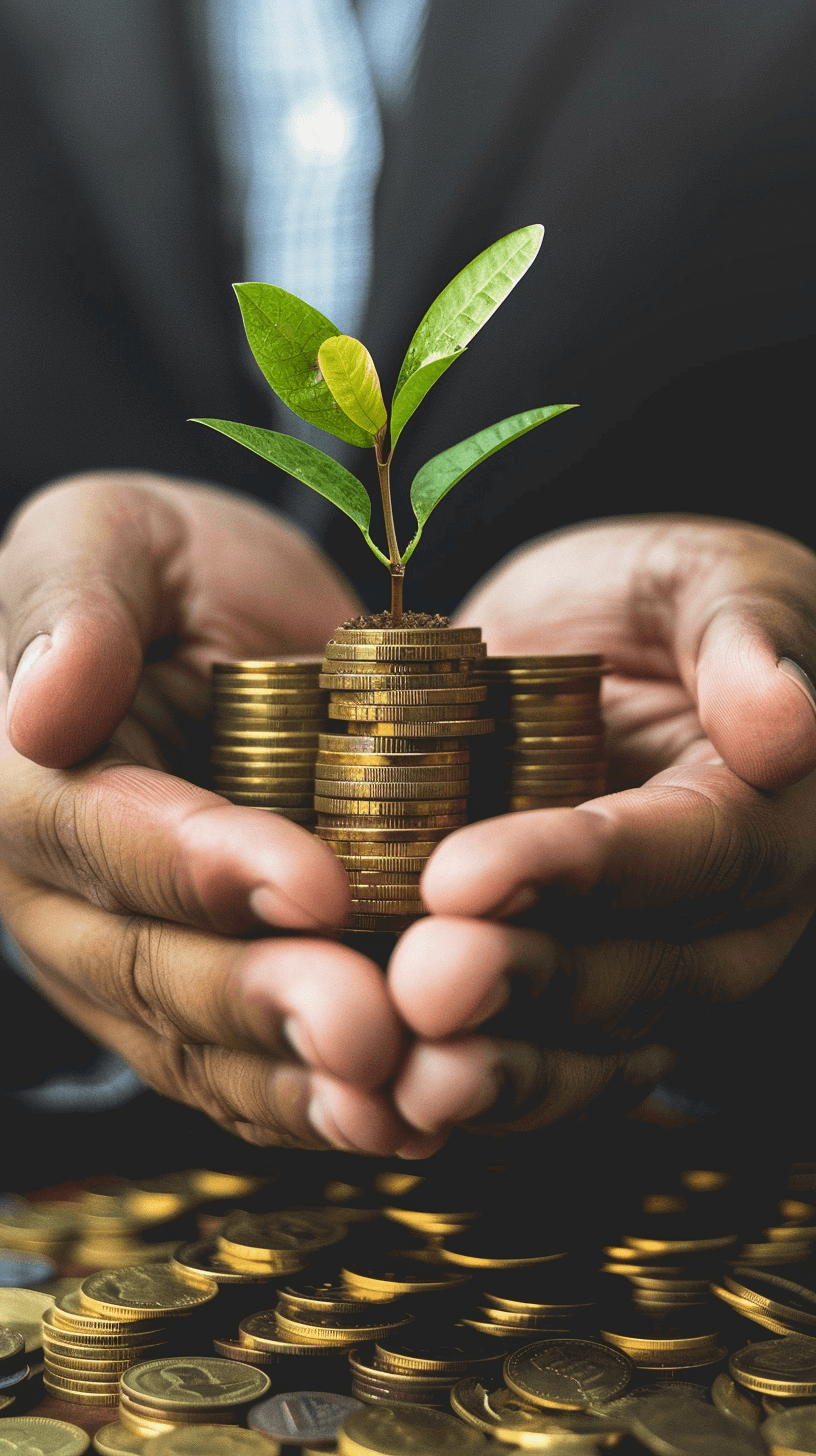 A businessman’s hands holding coins with an green plant growing from the center of each stack, symbolizing growth and success in business financial met Poule stock photo contest winner, stockphoto stock photography, award winning