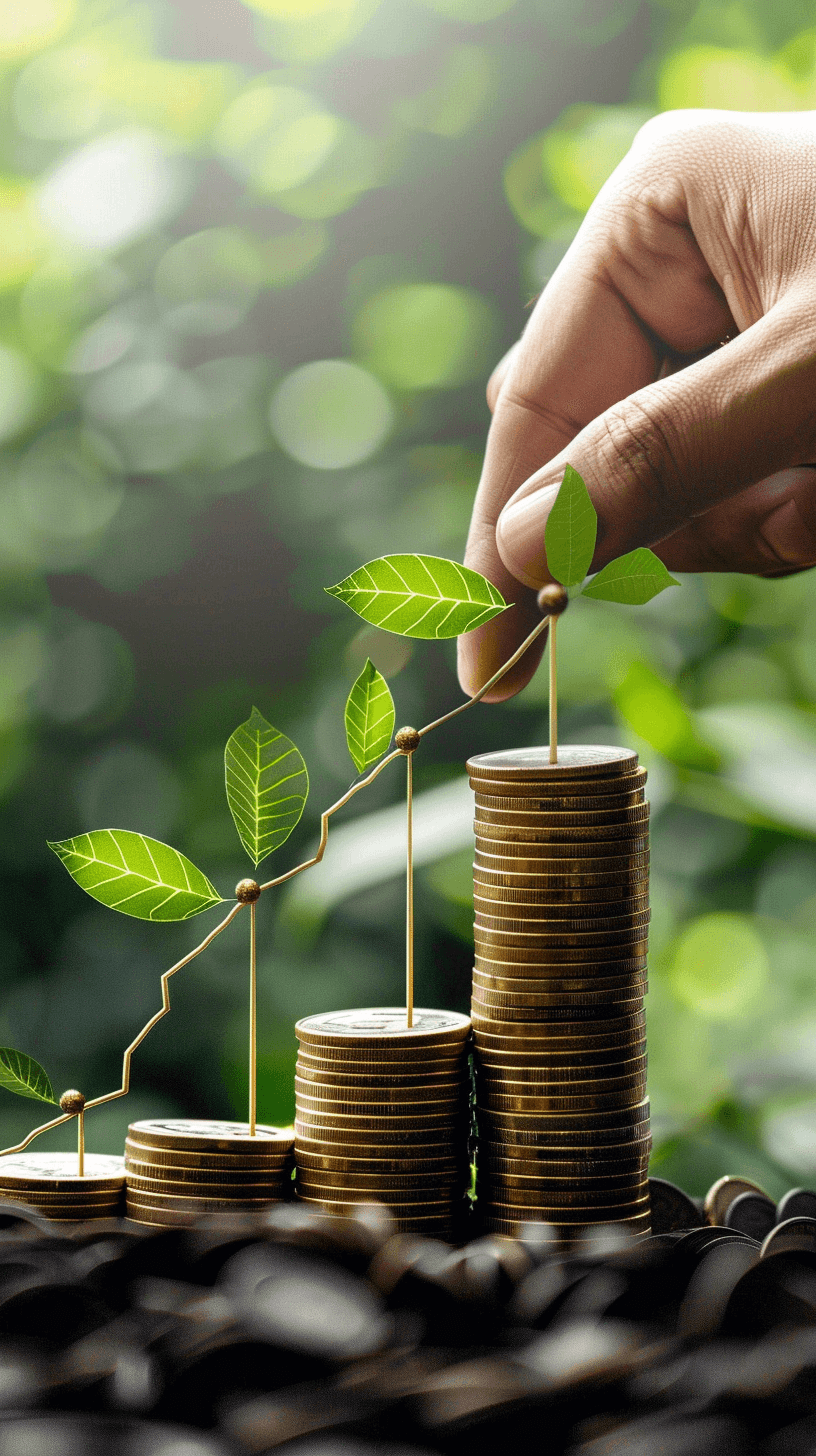 hand putting coins on growing graph, in the style of green leaves background, sustainable business concept stock photo, in the style of business photography style, coins and grow chart made of wood and plant leafs, financial growth, money in hand, positive future vibe, bokeh effect, high resolution