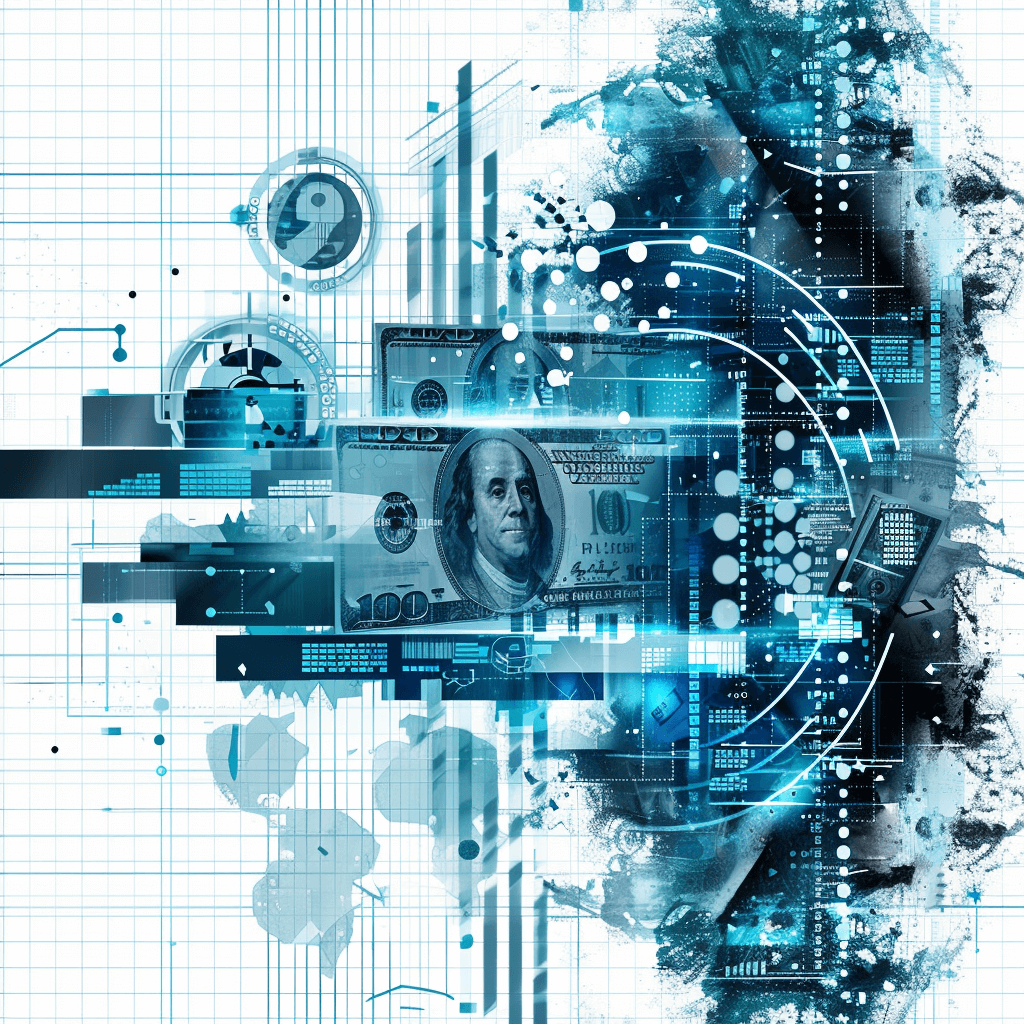 digital collage illustration of money and digital technology, with a blue color theme on a white background, featuring abstract shapes and financial charts in the background, with a dollar bill on top and digital connections around the main elements, leaving a lot of negative space around them, in the style of a modern design.