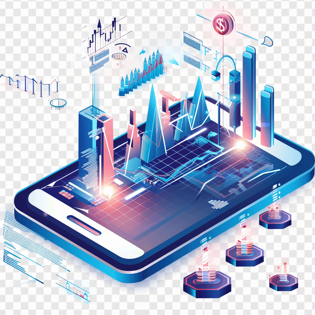 digital twin, financial analytics on mobile device, charts and graphs coming out of the phone screen, isometric view, blue colors, transparent background, png style illustration