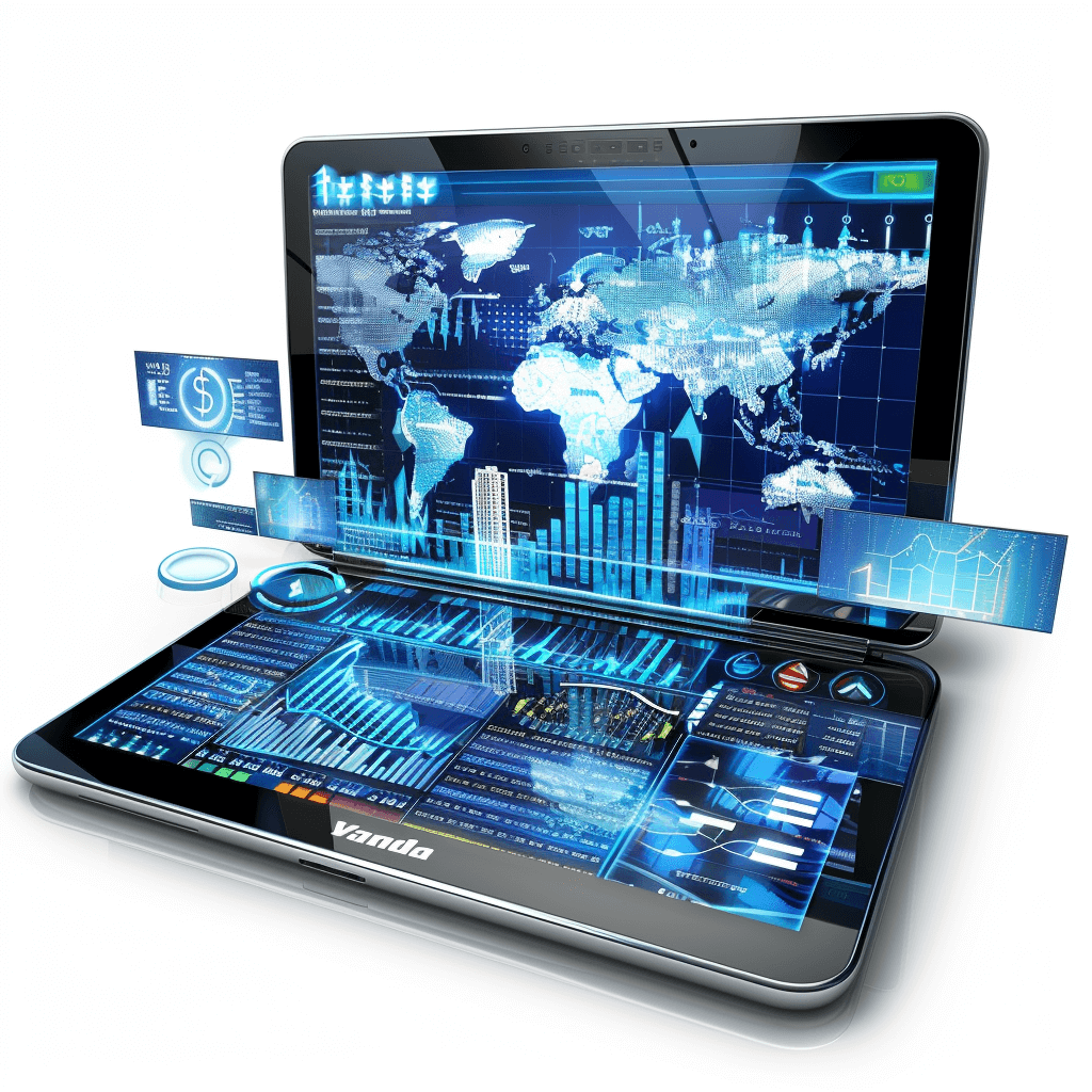 laptop with graphs and data visualizations on the screen, white background, digital world map floating around it, futuristic style, high resolution, 3d rendering, high detail, high quality, high definition, high contrast, professional photography, wide angle lens, studio lighting, sharp focus, high dynamic range, hyperrealistic, vibrant colors, sharp lines,