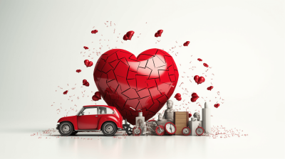 3d illustration of broken heart and modern car on white background, with valentine's day elements, red color palette, ultra realistic photography