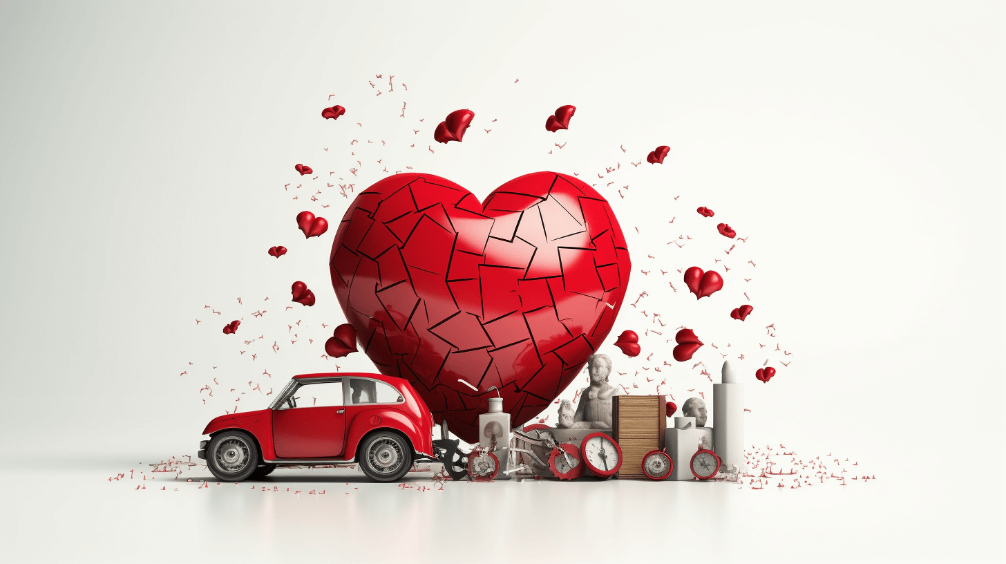 3d illustration of broken heart and modern car on white background, with valentine’s day elements, red color palette, ultra realistic photography