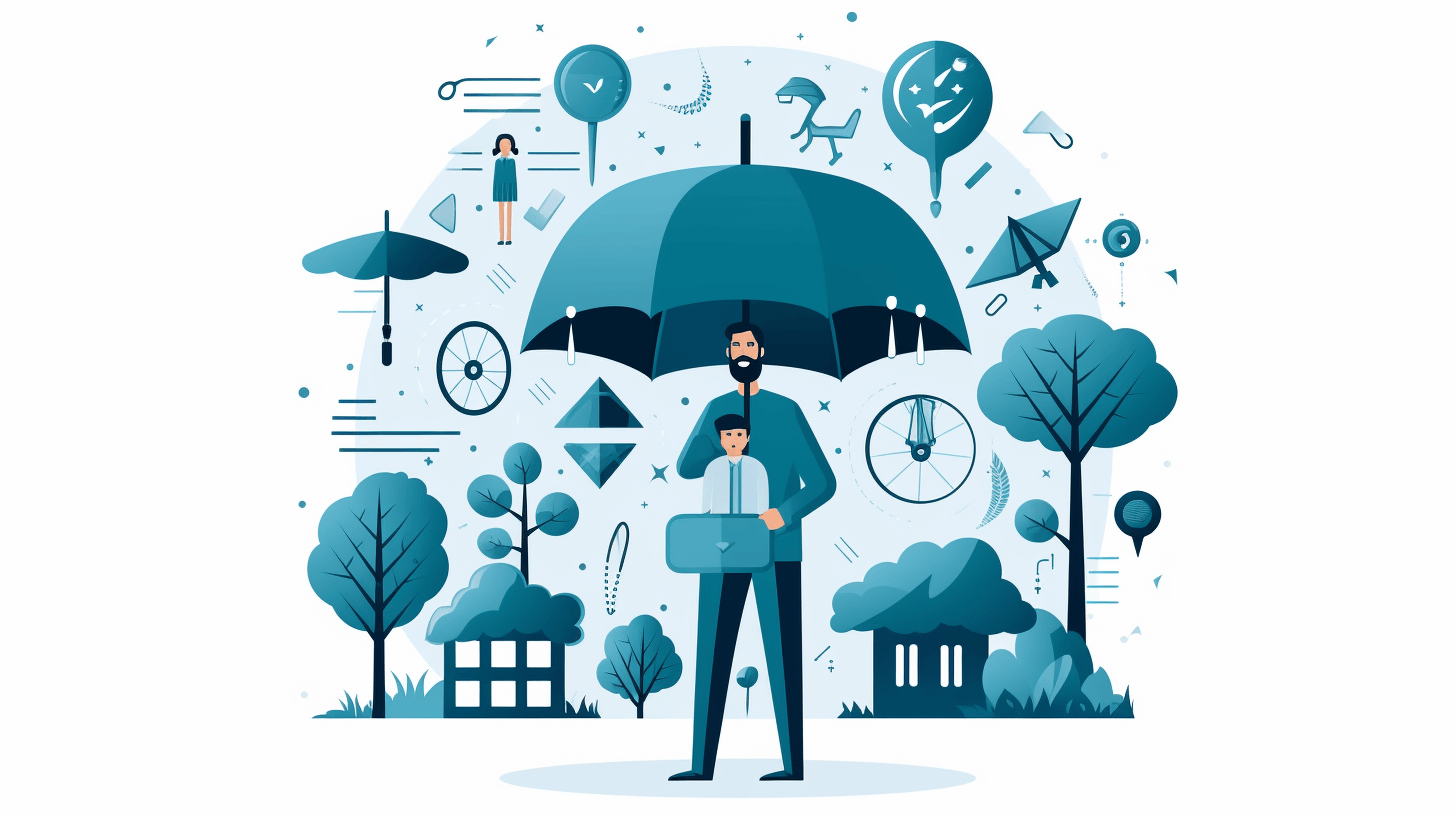 A man holding an umbrella is surrounded by icons representing life, health and spotless financial protection in the style of Ryu Gakushup. The background features elements of the surrounding environment such as trees, buildings or sky with a white color background. It is designed to be a flat vector graphic with a minimalistic design. In a blue theme color tone. Vector Illustration, simple, flat, vector.