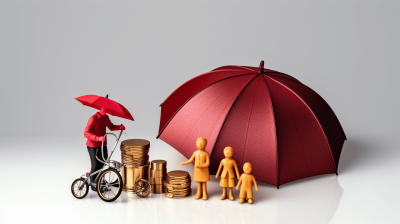 A red umbrella is providing protection to three miniature people standing next to stacks of gold coins and one on an iron bike, all set against a white background. The scene conveys the concept of financial safety with a focus on family protection through insurance or in the style of loyindle Guanicheng.