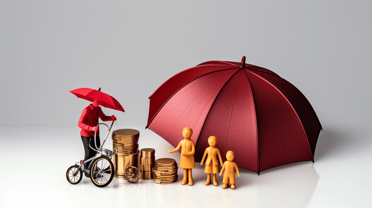 A red umbrella is providing protection to three miniature people standing next to stacks of gold coins and one on an iron bike, all set against a white background. The scene conveys the concept of financial safety with a focus on family protection through insurance or in the style of loyindle Guanicheng.