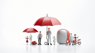 A simple yet impactful scene featuring diverse people of different ages, backgrounds and body types standing together under an umbrella symbolizing protection from the elements or other challenges in life. The figures could be dressed in business attire with subtle red accents to represent strength within financial industry. In front them is a large grey eggshaped device resembling an Easter toilet. White background. Minimalist style. Studio lighting. C4D render. Octane