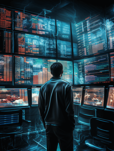 A man stands in front of multiple computer screens displaying stock market data, looking at the screens intently. The background is an office with dark lighting and high-tech equipment. Dark moody lighting, hyper realistic oil painting illustration in the style of [Magali Villeneuve](https://goo.gl/search?artist%20Magali%20Villeneuve), impasto brush strokes.