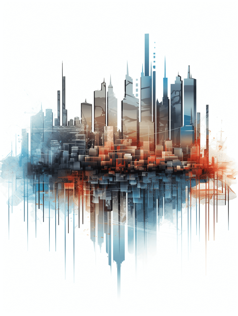 digital art of abstract city skyline, white background, blue and orange color scheme, high resolution, high detail, clipart style, double exposure