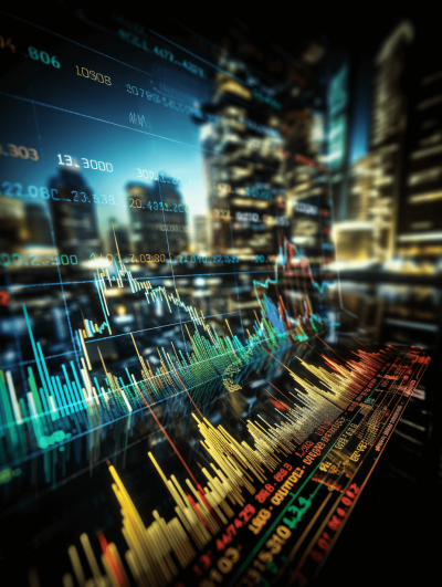 digital background of stock market charts and graphs with blurry cityscape in the back, high resolution, highly detailed, sharp focus, stock photo, photography